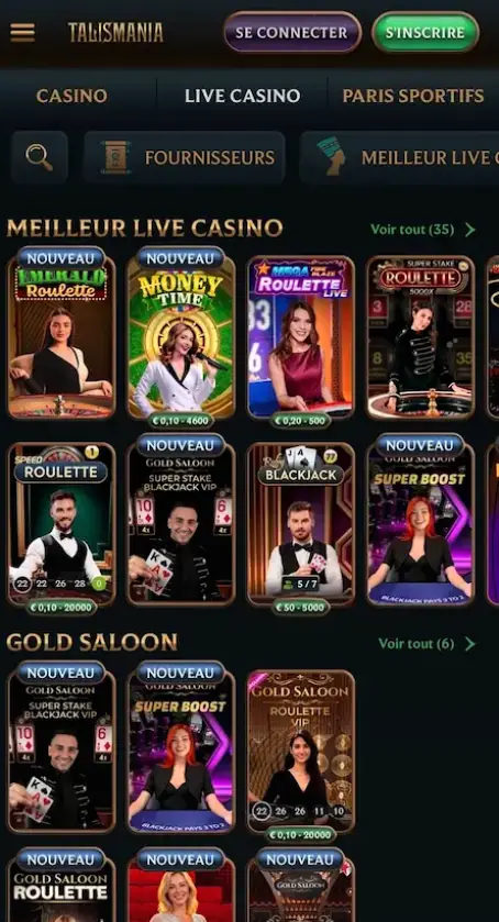 Jeux live et machines à sous affichés sur mobile