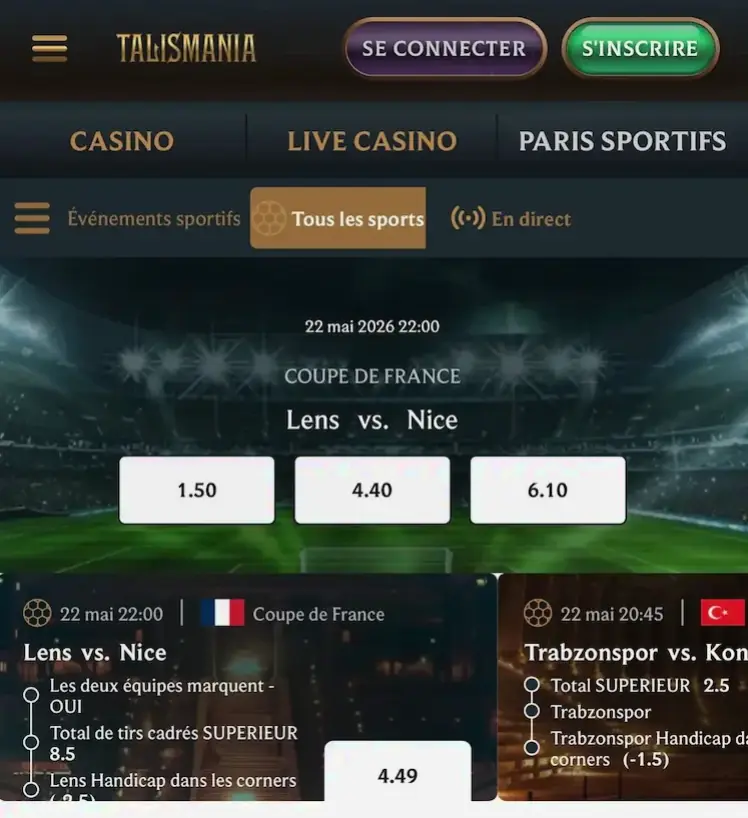 Interface de paris sportifs affichée sur smartphone